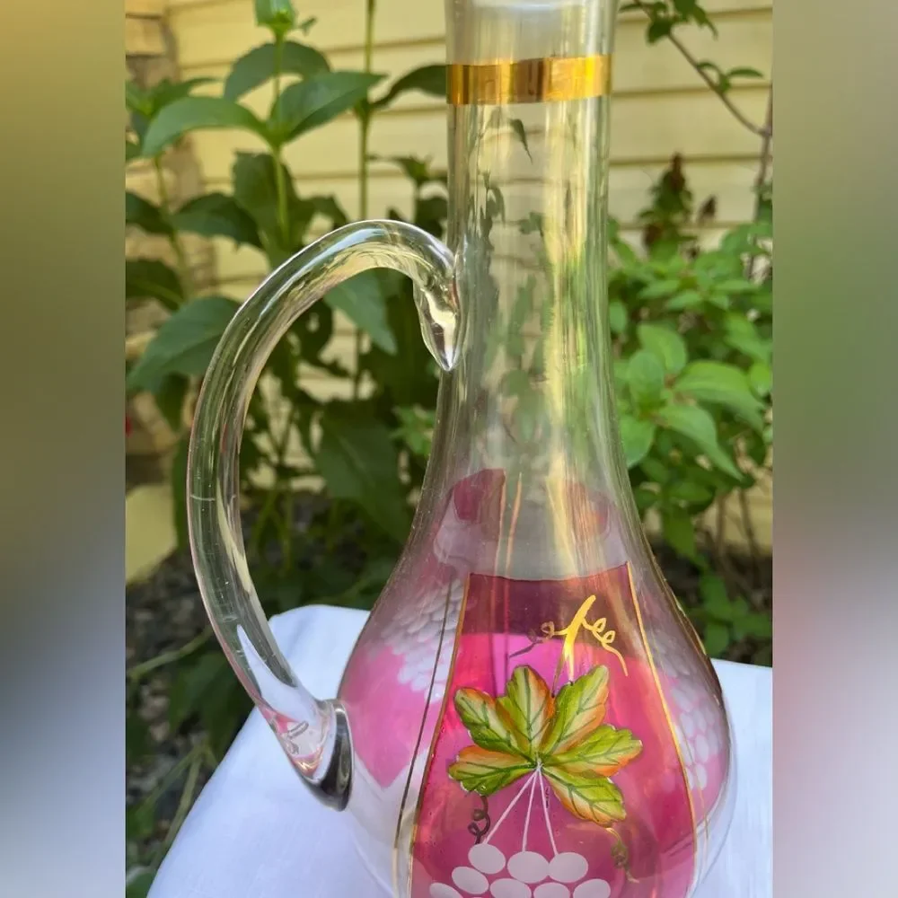 Vintage Hand Painted Beautiful Glass Wine  Decanter Carafe & 2-Shot Set 12”x4”